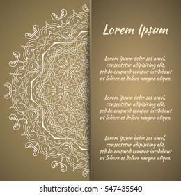 Postcard flyer, frame for congratulations on the wedding, Valentines Day, birthday, invitation, gratitude, celebration, Declaration of love. Vector gold brown background with mandala drawing. eps10