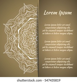 Postcard flyer, frame for congratulations on the wedding, Valentines Day, birthday, invitation, gratitude, celebration, Declaration of love. Vector gold brown background with mandala drawing. eps10
