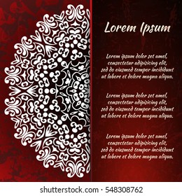 Postcard flyer, frame for congratulations on the wedding, Valentines Day, birthday, child, invitation, gratitude, celebration, Declaration of love. Vector red background with mandala drawing. eps10