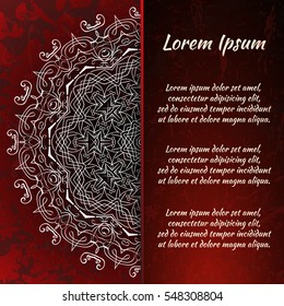 Postcard flyer, frame for congratulations on the wedding, Valentines Day, birthday, child, invitation, gratitude, celebration, Declaration of love. Vector red background with mandala drawing. eps10