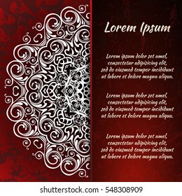 Postcard flyer, frame for congratulations on the wedding, Valentines Day, birthday, child, invitation, gratitude, celebration, Declaration of love. Vector red background with mandala drawing. eps10