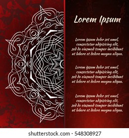 Postcard flyer, frame for congratulations on the wedding, Valentines Day, birthday, child, invitation, gratitude, celebration, Declaration of love. Vector red background with mandala drawing. eps10