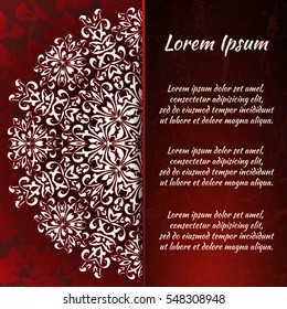 Postcard flyer, frame for congratulations on the wedding, Valentines Day, birthday, child, invitation, gratitude, celebration, Declaration of love. Vector red background with mandala drawing. eps10