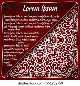 Postcard flyer, frame for congratulations on the wedding, Valentines Day, birthday, child, invitation, gratitude, celebration, Declaration of love. Vector red background with mandala drawing. eps10