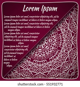 Postcard flyer, frame for congratulations on the wedding, Valentines Day, birthday, child, invitation, gratitude, celebration, Declaration of love. Vector red background with mandala drawing. eps10