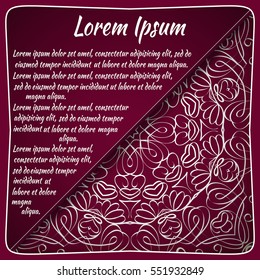 Postcard flyer, frame for congratulations on the wedding, Valentines Day, birthday, child, invitation, gratitude, celebration, Declaration of love. Vector red background with mandala drawing. eps10