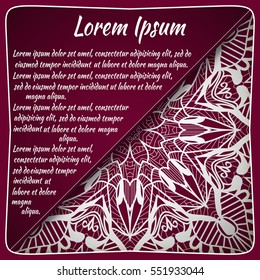 Postcard flyer, frame for congratulations on the wedding, Valentines Day, birthday, child, invitation, gratitude, celebration, Declaration of love. Vector red background with mandala drawing. eps10