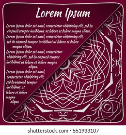 Postcard flyer, frame for congratulations on the wedding, Valentines Day, birthday, child, invitation, gratitude, celebration, Declaration of love. Vector red background with mandala drawing. eps10