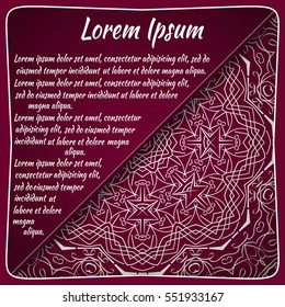 Postcard flyer, frame for congratulations on the wedding, Valentines Day, birthday, child, invitation, gratitude, celebration, Declaration of love. Vector red background with mandala drawing. eps10