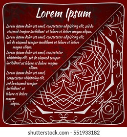 Postcard flyer, frame for congratulations on the wedding, Valentines Day, birthday, child, invitation, gratitude, celebration, Declaration of love. Vector red background with mandala drawing. eps10