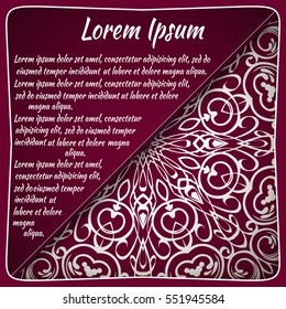 Postcard flyer, frame for congratulations on the wedding, Valentines Day, birthday, child, invitation, gratitude, celebration, Declaration of love. Vector red background with mandala drawing. eps10