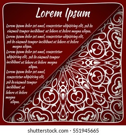 Postcard flyer, frame for congratulations on the wedding, Valentines Day, birthday, child, invitation, gratitude, celebration, Declaration of love. Vector red background with mandala drawing. eps10