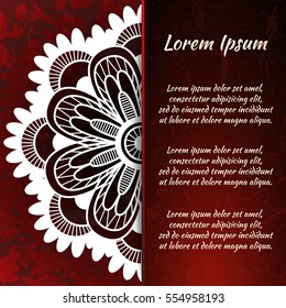 Postcard flyer, frame for congratulations on the wedding, Valentines Day, birthday, child, invitation, gratitude, celebration, Declaration of love. Vector red background with mandala drawing. eps10