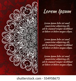 Postcard flyer, frame for congratulations on the wedding, Valentines Day, birthday, child, invitation, gratitude, celebration, Declaration of love. Vector red background with mandala drawing. eps10