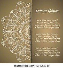 Postcard flyer, frame for congratulations on the wedding, Valentines Day, birthday, invitation, gratitude, celebration, Declaration of love. Vector Golden brown background and mandala drawing. eps10
