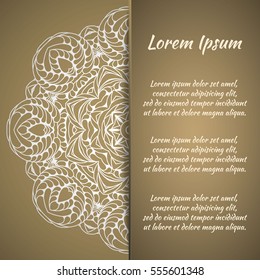 Postcard flyer, frame for congratulations on the wedding, Valentines Day, birthday, invitation, gratitude, celebration, Declaration of love. Vector Golden brown background and mandala drawing. eps10