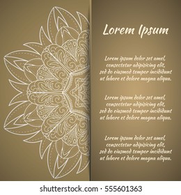 Postcard flyer, frame for congratulations on the wedding, Valentines Day, birthday, invitation, gratitude, celebration, Declaration of love. Vector Golden brown background and mandala drawing. eps10