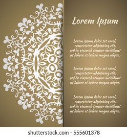 Postcard flyer, frame for congratulations on the wedding, Valentines Day, birthday, invitation, gratitude, celebration, Declaration of love. Vector Golden brown background and mandala drawing. eps10