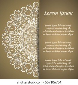 Postcard flyer, frame for congratulations on the wedding, Valentines Day, birthday, invitation, gratitude, celebration, Declaration of love. Vector Golden brown background and mandala drawing. eps10
