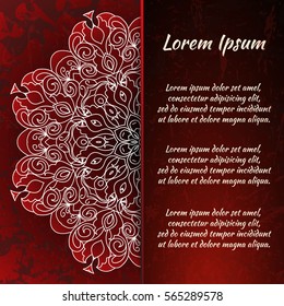 Postcard flyer, frame for congratulations on the wedding, Valentines Day, birthday, child, invitation, gratitude, celebration, Declaration of love. Vector red background with mandala drawing. eps10