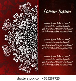 Postcard flyer, frame for congratulations on the wedding, Valentines Day, birthday, child, invitation, gratitude, celebration, Declaration of love. Vector red background with mandala drawing. eps10