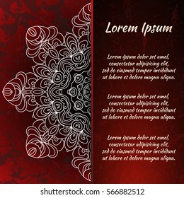 Postcard flyer, frame for congratulations on the wedding, Valentines Day, birthday, child, invitation, gratitude, celebration, Declaration of love. Vector red background with mandala drawing. eps10