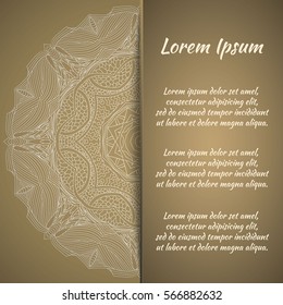 Postcard flyer, frame for congratulations on the wedding, Valentines Day, birthday, invitation, gratitude, celebration, Declaration of love. Vector golden brown background and mandala drawing. eps10