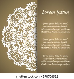 Postcard flyer, frame for congratulations on the wedding, Valentines Day, birthday, invitation, gratitude, celebration, Declaration of love. Vector golden brown background and mandala drawing. eps10