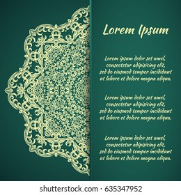 Postcard flyer, frame for congratulations on the wedding, Valentines Day, birthday, invitation, gratitude, celebration, Declaration of love. Vector green background with mandala drawing. eps10