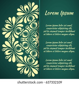 Postcard flyer, frame for congratulations on the wedding, Valentines Day, birthday, invitation, gratitude, celebration, Declaration of love. Vector green background with mandala drawing. eps10