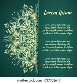 Postcard flyer, frame for congratulations on the wedding, Valentines Day, birthday, invitation, gratitude, celebration, Declaration of love. Vector green background with mandala drawing. eps10