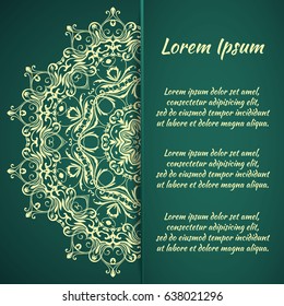 Postcard flyer, frame for congratulations on the wedding, Valentines Day, birthday, invitation, gratitude, celebration, Declaration of love. Vector green background with mandala drawing. eps10