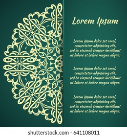 Postcard flyer, frame for congratulations on the wedding, Valentines Day, birthday, invitation, gratitude, celebration, Declaration of love. Vector green background with mandala drawing. eps10