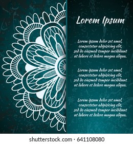 Postcard flyer, frame for congratulations on the wedding, Valentines Day, birthday, invitation, gratitude, celebration, Declaration of love. Vector green background with mandala drawing. eps10