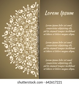 Postcard flyer, frame for congratulations on the wedding, Valentines Day, birthday, invitation, gratitude, celebration, Declaration of love. Vector gold brown background with mandala drawing. eps10