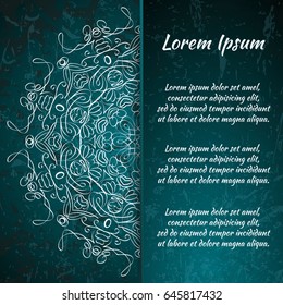 Postcard flyer, frame for congratulations on the wedding, Valentines Day, birthday, invitation, gratitude, celebration, Declaration of love. Vector green background with mandala drawing. eps10