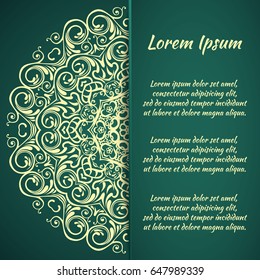 Postcard flyer, frame for congratulations on the wedding, Valentines Day, birthday, invitation, gratitude, celebration, Declaration of love. Vector green background with mandala drawing. eps10