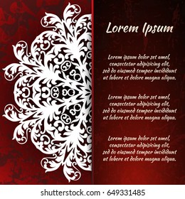Postcard flyer, frame for congratulations on the wedding, Valentines Day, birthday, child, invitation, gratitude, celebration, Declaration of love. Vector red background with mandala drawing. eps10