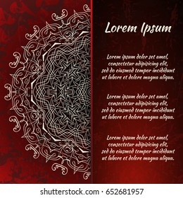 Postcard flyer, frame for congratulations on the wedding, Valentines Day, birthday, child, invitation, gratitude, celebration, Declaration of love. Vector red background with mandala drawing. eps10