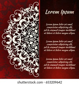 Postcard flyer, frame for congratulations on the wedding, Valentines Day, birthday, child, invitation, gratitude, celebration, Declaration of love. Vector red background with mandala drawing. eps10
