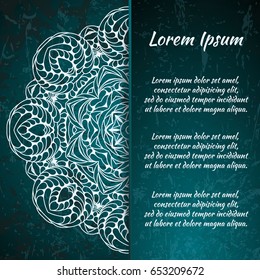 Postcard flyer, frame for congratulations on the wedding, Valentines Day, birthday, invitation, gratitude, celebration, Declaration of love. Vector green background with mandala drawing. eps10