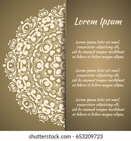 Postcard flyer, frame for congratulations on the wedding, Valentines Day, birthday, invitation, gratitude, celebration, Declaration of love. Vector gold brown background with mandala drawing. eps10