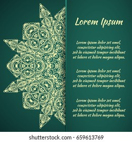 Postcard flyer, frame for congratulations on the wedding, Valentines Day, birthday, invitation, gratitude, celebration, Declaration of love. Vector green background with mandala drawing. eps10