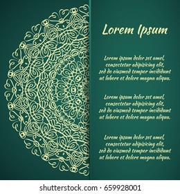 Postcard flyer, frame for congratulations on the wedding, Valentines Day, birthday, invitation, gratitude, celebration, Declaration of love. Vector green background with mandala drawing. eps10