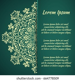 Postcard flyer, frame for congratulations on the wedding, Valentines Day, birthday, invitation, gratitude, celebration, Declaration of love. Vector green background with mandala drawing. eps10