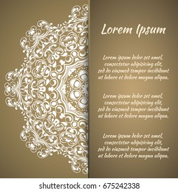 Postcard flyer, frame for congratulations on the wedding, Valentines Day, birthday, invitation, gratitude, celebration, Declaration of love. Vector gold brown background with mandala drawing. eps10