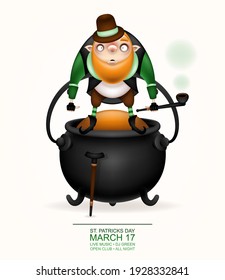 Postcard, flyer, invitation. A character with a red beard, a pipe and a cane posing on a light background. Cartoon funny leprechaun standing on a bowler I am golden sand. Vector illustration.