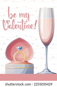 Postcard, flyer template for valentine's day. Romantic holiday, a gift to a loved one. Banner, poster with wedding ring and glass of champagne