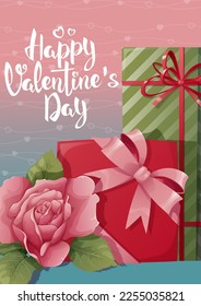 Postcard, flyer template for valentine's day. Romantic holiday, a gift to a loved one. Banner, poster with roses and gift