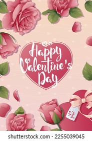 Postcard, flyer template for valentine's day. Romantic holiday, a gift to a loved one. Banner, poster with roses and gift